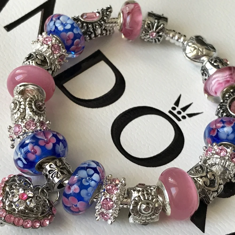 Authentic PANDORA Heart Clasp S925 Silver Bracelet with Murano Glass Beads 7.9" - Picture 4 of 16